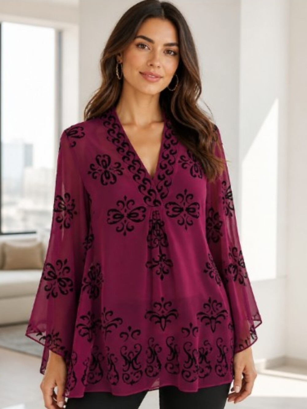 Denim 24/7 Plum V-Neck Tunic with Black Embroidery